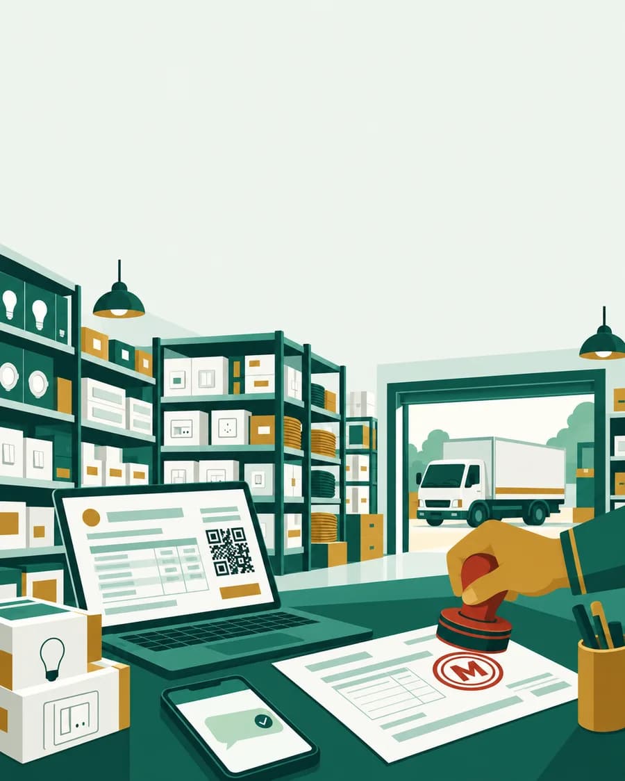 Illustration of a hand pressing the red Moharbill seal on a printed GST bill, next to a laptop invoice with QR code and a phone with a payment tick.